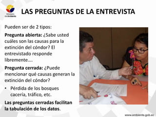 LAS PREGUNTAS DE LA ENTREVISTA
Pueden ser de 2 tipos:
Pregunta abierta: ¿Sabe usted
cuáles son las causas para la
extinción del cóndor? El
entrevistado responde
libremente….
Pregunta cerrada: ¿Puede
mencionar qué causas generan la
extinción del cóndor?
• Pérdida de los bosques
cacería, tráfico, etc.
Las preguntas cerradas facilitan
la tabulación de los datos.
 