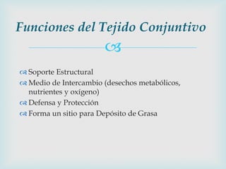 Funciones del Tejido Conjuntivo
                       
 Soporte Estructural
 Medio de Intercambio (desechos metabólicos,
  nutrientes y oxígeno)
 Defensa y Protección
 Forma un sitio para Depósito de Grasa
 