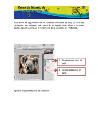 Para hacer el seguimiento de los cambios realizados es muy útil usar las
miniaturas, sin embargo este elemento se puede personalizar e inclusive
ocultar, opción que mejora el rendimiento de la aplicación en Photoshop.




Aparece el siguiente panel de selección.
 