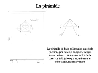 La pirámide 
D B C A 
La pirámide de base poligonal es un sólido que tiene por base un polígono, y cuyas caras, tantas en número como los de la base, son triángulos que se juntan en un solo punto, llamado vértice  