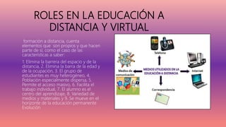 ROLES EN LA EDUCACIÓN A
DISTANCIA Y VIRTUAL
formación a distancia, cuenta
elementos que son propios y que hacen
parte de sí, como el caso de las
características a saber:
1. Elimina la barrera del espacio y de la
distancia, 2. Elimina la barra de la edad y
de la ocupación, 3. El grupo de
estudiantes es muy heterogéneo, 4.
Población especialmente dispersa, 5.
Permite el acceso masivo, 6. Facilita el
trabajo individual, 7. El alumno es el
centro del aprendizaje, 8. Variedad de
medios y materiales y 9. Se mueve en el
horizonte de la educación permanente
Evolución
 