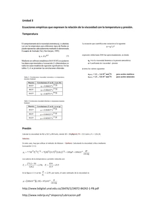 Unidad 3
Ecuaciones empíricas que expresen la relación de la viscosidad con la temperatura y presión.
Temperatura
Presión
http://www.bdigital.unal.edu.co/26476/1/24072-84242-1-PB.pdf
http://www.nebrija.es/~alopezro/Lubricacion.pdf
 