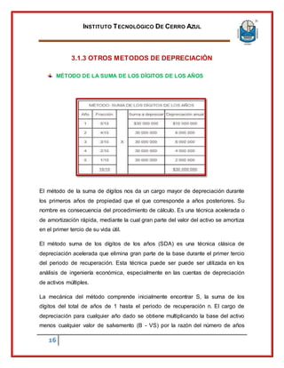 INSTITUTO TECNOLÓGICO DE CERRO AZUL
16
3.1.3 OTROS METODOS DE DEPRECIACIÓN
MÉTODO DE LA SUMA DE LOS DÍGITOS DE LOS AÑOS
El método de la suma de dígitos nos da un cargo mayor de depreciación durante
los primeros años de propiedad que el que corresponde a años posteriores. Su
nombre es consecuencia del procedimiento de cálculo. Es una técnica acelerada o
de amortización rápida, mediante la cual gran parte del valor del activo se amortiza
en el primer tercio de su vida útil.
El método suma de los dígitos de los años (SDA) es una técnica clásica de
depreciación acelerada que elimina gran parte de la base durante el primer tercio
del periodo de recuperación. Esta técnica puede ser puede ser utilizada en los
análisis de ingeniería económica, especialmente en las cuentas de depreciación
de activos múltiples.
La mecánica del método comprende inicialmente encontrar S, la suma de los
dígitos del total de años de 1 hasta el periodo de recuperación n. El cargo de
depreciación para cualquier año dado se obtiene multiplicando la base del activo
menos cualquier valor de salvamento (B - VS) por la razón del número de años
 