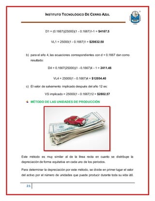 INSTITUTO TECNOLÓGICO DE CERRO AZUL
21
D1 = (0.1667)(25000)(1 - 0.1667)1-1 = $4167.5
VL1 = 25000(1 - 0.1667)1 = $20832.50
b) para el año 4, las ecuaciones correspondientes con d = 0.1667 dan como
resultado:
D4 = 0.1667(25000)(1 - 0.1667)4 - 1 = 2411.46
VL4 = 25000(1 - 0.1667)4 = $12054.40
c) El valor de salvamento implicado después del año 12 es:
VS implicado = 25000(1 - 0.1667)12 = $2802.57
MÉTODO DE LAS UNIDADES DE PRODUCCIÓN
Este método es muy similar al de la línea recta en cuanto se distribuye la
depreciación de forma equitativa en cada uno de los periodos.
Para determinar la depreciación por este método, se divide en primer lugar el valor
del activo por el número de unidades que puede producir durante toda su vida útil.
 