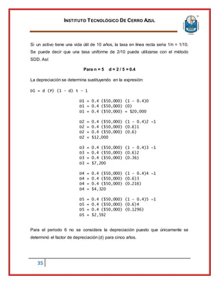 INSTITUTO TECNOLÓGICO DE CERRO AZUL
35
Si un activo tiene una vida útil de 10 años, la tasa en línea recta seria 1/n = 1/10.
Se puede decir que una tasa uniforme de 2/10 puede utilizarse con el método
SDD. Así:
Para n = 5 d = 2 / 5 = 0.4
La depreciación se determina sustituyendo en la expresión:
D1 = d (P) (1 – d) t – 1
D1 = 0.4 ($50,000) (1 – 0.4)0
D1 = 0.4 ($50,000) (0)
D1 = 0.4 ($50,000) = $20,000
D2 = 0.4 ($50,000) (1 – 0.4)2 −1
D2 = 0.4 ($50,000) (0.6)1
D2 = 0.4 ($50,000) (0.6)
D2 = $12,000
D3 = 0.4 ($50,000) (1 – 0.4)3 −1
D3 = 0.4 ($50,000) (0.6)2
D3 = 0.4 ($50,000) (0.36)
D3 = $7,200
D4 = 0.4 ($50,000) (1 – 0.4)4 −1
D4 = 0.4 ($50,000) (0.6)3
D4 = 0.4 ($50,000) (0.216)
D4 = $4,320
D5 = 0.4 ($50,000) (1 – 0.4)5 −1
D5 = 0.4 ($50,000) (0.6)4
D5 = 0.4 ($50,000) (0.1296)
D5 = $2,592
Para el periodo 6 no se considera la depreciación puesto que únicamente se
determinó el factor de depreciación (d) para cinco años.
 