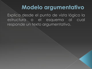 Modelo argumentativoExplica desde el punto de vista lógico la estructura o el esquema al cual responde un texto argumentativo. 