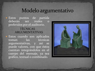 Estos puntos de partida deberán ser reales o preferidos por el auditorio.TÉCNICAS ARGUMENTATIVASEstos cuando son aplicados toman las técnicas argumentativas, y así se puede valores, con que éstos cuentan integrándolos en el cuerpo del mensaje, ya sea gráfico, textual o combinado.Modelo argumentativo