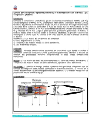 11           UNIDAD IV




Ejemplo para interpretar y aplicar la primera ley de la termodinámica en turbinas a gas,
compresores y toberas.

Enunciado:
Entra aire al compresor de una turbina a gas en condiciones ambientales de 100 kPa y 25 ºC y
sale del compresor a 1MPa y 347 ºC. El compresor libera calor a una relación de 1500 kJ/min y
la entrada de potencia al compresor es de 250 kW. Con la presión de descarga del compresor,
a la salida de la cámara de combustión el fluido de trabajo fluye de forma estable por una
turbina adiabática, entrando a 480 ºC y expandiéndose hasta 140 kPa con temperatura de 150
ºC y velocidad de 210 m/s. Luego de pasar por unos quemadores posteriores a la turbina, el
fluido de trabajo entra de manera estable a una tobera adiabática a la presión y velocidad de
descarga de la turbina a 200 ºC, saliendo a 100 kPa y 300 m/s. El área de entrada a la tobera
es 80 cm2.
Determine: a) Flujo másico del aire a través del compresor.
b) Salida de potencia de la turbina.
c) Temperatura del fluido de trabajo a la salida de la tobera.
d) Área de salida de la tobera.

Solución:
Conocido: Procesos termodinámicos ocurriendo en una turbina a gas donde se analiza el
compresor, cámara de combustión, turbina, quemadores posteriores y tobera en la descara. Se
conocen dos propiedades intensivas independientes en cada estado termodinámico
mencionado.

Buscar: a) Flujo másico del aire a través del compresor, b) Salida de potencia de la turbina, c)
Temperatura del fluido de trabajo a la salida de la tobera, d) Área de salida de la tobera.

Se asume: 1) Cambios de energía cinética y potencial muy pequeños comparados con los
cambios de entalpía en cada proceso. 2) Proceso en la bomba adiabático. 3) Proceso en la
cámara de combustión y quemadores posteriores son isobáricos. 4) El fluido de trabajo tiene las
propiedades del aire en todo el equipo.

Esquemático:




Apuntes para TERMOFLUIDOS, Enero-Abril 2010
 