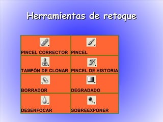 Herramientas de retoque


PINCEL CORRECTOR PINCEL



TAMPÓN DE CLONAR PINCEL DE HISTORIA



BORRADOR          DEGRADADO



DESENFOCAR        SOBREEXPONER
 