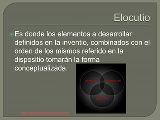  Esdonde los elementos a desarrollar
 definidos en la inventio, combinados con el
 orden de los mismos referido en la
 dispositio tomarán la forma
 conceptualizada.




   http://www.ecolederhetorique.com/
 