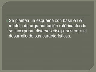 Se plantea un esquema con base en el
 modelo de argumentación retórica donde
 se incorporan diversas disciplinas para el
 desarrollo de sus características.
 