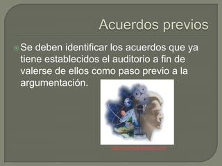  Se deben identificar los acuerdos que ya
 tiene establecidos el auditorio a fin de
 valerse de ellos como paso previo a la
 argumentación.




                     http://ucvirtual.blogspot.com/
 