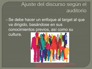  Se debe hacer un enfoque al target al que
 va dirigido, basándose en sus
 conocimientos previos, así como su
 cultura.




               http://es.123rf.com/photo_9243115_ilustracion-de-
               diferentes-personas-como-fondo.html
 