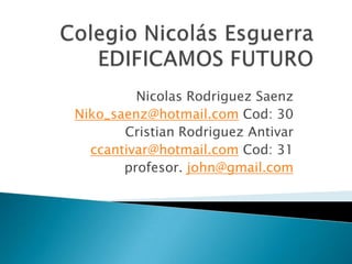 Nicolas Rodriguez Saenz
Niko_saenz@hotmail.com Cod: 30
       Cristian Rodriguez Antivar
  ccantivar@hotmail.com Cod: 31
       profesor. john@gmail.com
 