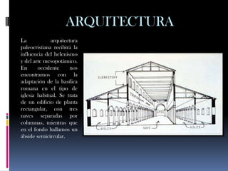 ARQUITECTURA
La            arquitectura
paleocristiana recibirá la
influencia del helenismo
y del arte mesopotámico.
En      occidente      nos
encontramos con la
adaptación de la basílica
romana en el tipo de
iglesia habitual. Se trata
de un edificio de planta
rectangular, con tres
naves separadas por
columnas, mientras que
en el fondo hallamos un
ábside semicircular.
 