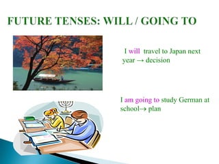 I will travel to Japan next
year → decision




I am going to study German at
school plan
 