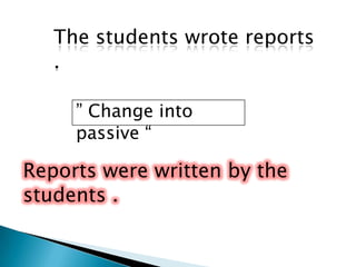 The students wrote reports
   .

     ” Change into
     passive “

Reports were written by the
students .
 