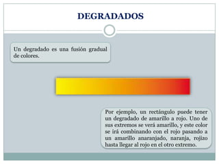 DEGRADADOS


Un degradado es una fusión gradual
de colores.




                                 Por ejemplo, un rectángulo puede tener
                                 un degradado de amarillo a rojo. Uno de
                                 sus extremos se verá amarillo, y este color
                                 se irá combinando con el rojo pasando a
                                 un amarillo anaranjado, naranja, rojizo
                                 hasta llegar al rojo en el otro extremo.
 