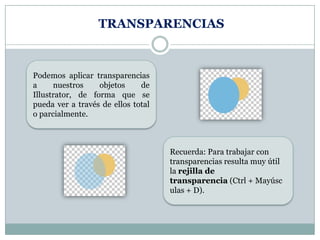 TRANSPARENCIAS



Podemos aplicar transparencias
a     nuestros    objetos     de
Illustrator, de forma que se
pueda ver a través de ellos total
o parcialmente.



                                    Recuerda: Para trabajar con
                                    transparencias resulta muy útil
                                    la rejilla de
                                    transparencia (Ctrl + Mayúsc
                                    ulas + D).
 