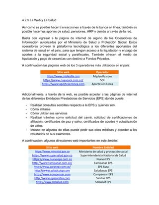 4.2.5 La Web y La Salud
Así como es posible hacer transacciones a través de la banca en línea, también es
posible hacer los aportes de salud, pensiones, ARP y demás a través de la red.
Basta con ingresar a la página de internet de alguno de los Operadores de
Información autorizados por el Ministerio de Salud y Protección Social. Estos
operadores proveen la plataforma tecnológica a los diferentes aportantes del
sistema de salud en el país, para que tengan acceso a la liquidación y el pago de
aportes a la seguridad social y parafiscales. También ofrecen el medio de
liquidación y pago de cesantías con destino a Fondos Privados.
A continuación las páginas web de los 3 operadores más utilizados en el país:
Sitio web Operador
https://www.miplanilla.com Miplanilla.com
https://www.nuevosoi.com.co/ SOI
https://www.aportesenlinea.com Aportes en Línea
Adicionalmente, a través de la web, es posible acceder a las páginas de internet
de las diferentes Entidades Prestadoras de Servicios (EPS) donde puede:
- Realizar consultas sencillas respecto a la EPS y quiénes son.
- Cómo afiliarse
- Cómo utilizar sus servicios
- Realizar trámites como solicitud del carné, solicitud de certificaciones de
afiliación, certificados de paz y salvo, certificados de aportes y actualización
de datos.
- Incluso en algunas de ellas puede pedir sus citas médicas y acceder a los
resultados de sus exámenes.
A continuación, algunas direcciones web importantes en este ámbito:
Sitio web Nombre Entidad
https://www.minsalud.gov.co Ministerio de salud y protección social
https://www.supersalud.gov.co Superintendencia Nacional de Salud
https://www.nuevaeps.com.co Nueva EPS
http://www.famisanar.com.co/ Famisanar EPS
http://www.suratep.com.co/ EPS Sura
http://www.saludcoop.com Saludcoop EPS
http://www.compensar.com Compensar EPS
http://www.epssanitas.com Sanitas EPS
http://www.solsalud.com Solsalud EPS
 