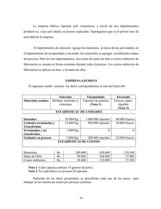 16
La empresa fabrica cápsulas poli vitamínicas, a través de tres departamentos
productivos, cuya actividades ya fueron explicadas. Supongamos que es el primer mes de
actividad de la empresa.
El departamento de selección agrega los materiales al inicio de las actividades; en
el departamento de encapsulado y envasado los materiales se agregan en diferentes etapas
del proceso. Para los tres departamentos, los costos de mano de obra y costos indirectos de
fabricación se causan en forma constante durante todo el proceso. Los costos indirectos de
fabricación se aplican en base a la mano de obra.
EMPRESA EJEMPLO
El siguiente cuadro muestra los datos correspondientes al mes de Enero-04;
Selección Encapsulado Envasado
Materiales usados: Hierbas, minerales y
vitaminas
Cápsulas de gelatina
(Nota 1)
Frascos, tapas,
algodón
(Nota 2)
ESTADÍSTICAS DE UNIDADES
Iniciadas: 20.000 Kg. 1.000.000 cápsulas 40.000 frascos
Unidades terminadas y
Transferidas
14.000 Kg. 800.000 cápsulas 30.000 frascos
Terminadas y no
transferidas.
1.000 Kg. 0 0
Unidades en proceso 5.000 Kg. 200.000 cápsulas 10.000 frascos
ESTADÍSTICAS DE COSTOS
Materiales Bs. 200.000 450.000 129.500
Mano de Obra Bs. 90.000 264.000 57.000
Costos indirectos Bs. 50.400 132.000 27.280
Nota 1: Cada cápsula contiene 14 gramos de polvo
Nota 2: En cada frasco se envasan 20 cápsulas.
Partiendo de los datos presentados se describirán cada uno de los pasos para
trabajar en un sistema de costos por proceso continuo.
 