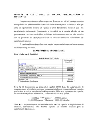 23
INFORME DE COSTO PARA UN SEGUNDO DEPARTAMENTO O
SIGUIENTES.
Los pasos anteriores se aplicaron para un departamento inicial, los departamentos
subsiguientes del proceso también deben realizar los mismos pasos, la diferencia principal
entre un departamento inicial y un segundo o tercer departamento radica en que los
departamentos subsecuentes (encapsulado y envasado) van a manejar además de sus
propios costos, un costo transferido o recibido de un departamento anterior, y las unidades
con las que inicia su labor productiva son las unidades terminadas y transferidas del
departamento anterior
A continuación se desarrollan cada uno de los pasos citados para el departamento
de encapsulado y envasado.
DEPARTAMENTO ENCAPSULADO:
Paso 1. Informe de Cantidad
INFORME DE CANTIDAD
Encapsulado
(cápsulas)
PARTE 1
Unidades a Justificar
Unidades Iniciadas (recibidas del departamento. anterior) 1.000.000
Total a Justificar: (nota 7) 1.000.000
PARTE 2
Justificación de Unidades
Terminadas y Transferidas (nota 8) *800.000
Terminadas y no transferidas 0
Proceso Final 200.000
Total unidades Justificadas 1.000.000
Nota 7: El departamento de encapsulado recibió 14.000 Kgs. del departamento de
selección, pero el producto procesado para encapsulado está representado por cápsulas,
por lo tanto se deben transformar los kilogramos recibidos a su equivalente en cápsulas,
de acuerdo a la siguiente información., 1 cápsula equivales a 14 gramos.
14.000 Kg. *1000 gramos = 14.000.000 gramos
14.000.000 gramos / 14 gramos = 1.000.000 cápsulas
Nota 8: El departamento de encapsulado envía 800.000 cápsulas al departamento de
envasado, representando estas 800.000 cápsulas las unidades iniciadas para el
departamento de envasado.
 