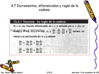 4.7 Incrementos, diferenciales y regla de la 
cadena. 
Ing. Álvaro Chávez Galavíz ITSTL miércoles, 5 de noviembre de 2014 
 