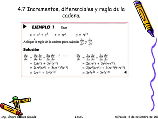 4.7 Incrementos, diferenciales y regla de la 
cadena. 
Ing. Álvaro Chávez Galavíz ITSTL miércoles, 5 de noviembre de 2014 
 