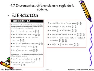 4.7 Incrementos, diferenciales y regla de la 
cadena. 
• EJERCICIOS 
Ing. Álvaro Chávez Galavíz ITSTL miércoles, 5 de noviembre de 2014 
 