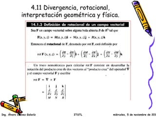 4.11 Divergencia, rotacional, 
interpretación geométrica y física. 
Ing. Álvaro Chávez Galavíz ITSTL miércoles, 5 de noviembre de 2014 
 