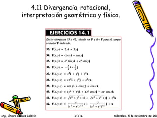 4.11 Divergencia, rotacional, 
interpretación geométrica y física. 
Ing. Álvaro Chávez Galavíz ITSTL miércoles, 5 de noviembre de 2014 
 