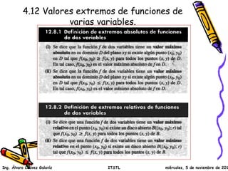 4.12 Valores extremos de funciones de 
varias variables. 
Ing. Álvaro Chávez Galavíz ITSTL miércoles, 5 de noviembre de 2014 
 