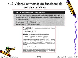 4.12 Valores extremos de funciones de 
varias variables. 
Ing. Álvaro Chávez Galavíz ITSTL miércoles, 5 de noviembre de 2014 
