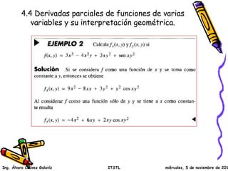 4.4 Derivadas parciales de funciones de varias 
variables y su interpretación geométrica. 
Ing. Álvaro Chávez Galavíz ITSTL miércoles, 5 de noviembre de 2014 
 