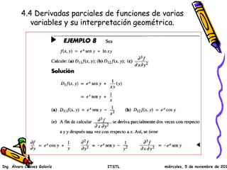 4.4 Derivadas parciales de funciones de varias 
variables y su interpretación geométrica. 
Ing. Álvaro Chávez Galavíz ITSTL miércoles, 5 de noviembre de 2014 
 