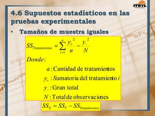 4.6 Supuestos estadísticos en las 
pruebas experimentales 
• Tamaños de muestra iguales 
y 
y 
    
: Cantidad de tratamientos 
a 
y : S umatoria del tratamiento 
i 
: Gran total 
: Total de observaciones 
: 
1 
2 2 
y 
N 
Donde 
N 
n 
SS 
i 
a 
i 
i 
Tratamientos 
 
 
 
E T Tratamientos SS  SS  SS 
 