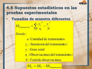 4.6 Supuestos estadísticos en las 
pruebas experimentales 
• Tamaños de muestra diferentes 
y 
y 
 i 
  
 : Cantidad de tratamientos 
a 
y : S umatoria del tratamiento 
i 
: Gran total 
y 
i 
 
n : Observaciones del tratamiento 
i 
: Total de observaciones 
: 
1 
2 2 
N 
Donde 
N 
n 
SS 
i 
a 
i i 
Tratamientos 
 
 
E T Tratamientos SS  SS  SS 
 