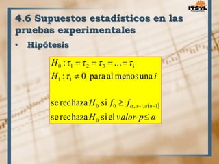 4.6 Supuestos estadísticos en las 
pruebas experimentales 
• Hipótesis 
: ... 
       
 
0 1 2 3 i 
H : 0 para al menos una 
i 
  
H f f 
se rechaza si 
0 0 , 1, 1 
H valor-p α 
H 
a a n 
 
 
 
  
se rechaza si el 
0 
1 1 
 
 
 