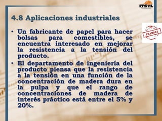 4.8 Aplicaciones industriales 
• Un fabricante de papel para hacer 
bolsas para comestibles, se 
encuentra interesado en mejorar 
la resistencia a la tensión del 
producto. 
• El departamento de ingeniería del 
producto piensa que la resistencia 
a la tensión en una función de la 
concentración de madera dura en 
la pulpa y que el rango de 
concentraciones de madera de 
interés práctico está entre el 5% y 
20%. 
 