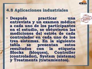 4.8 Aplicaciones industriales 
• Después practicar una 
entrevista y un examen médico 
a cada uno de los participantes 
en el estudio, se obtuvieron las 
mediciones del estrés de cada 
controlador en cada uno de los 
tres sistemas. En la siguiente 
tabla se presentan estos 
resultados con la etiqueta 
Blocks (bloques), Controller 
(controlador), System (sistema) 
y Treatments (tratamientos). 
 