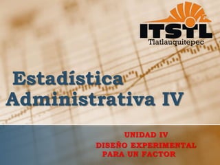 Estadística 
Administrativa IV 
UNIDAD IV 
DISEÑO EXPERIMENTAL 
PARA UN FACTOR 
 