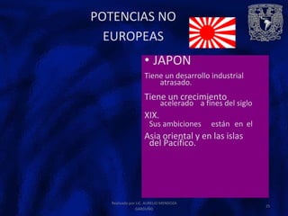 POTENCIAS NO
EUROPEAS
atrasado.
acelerado a fines del siglo
Sus ambiciones
del Pacífico.
están en el
Realizado por LIC. AURELIO MENDOZA
GARDUÑO
25
• JAPON
Tiene un desarrollo industrial
Tiene un crecimiento
XIX.
Asia oriental y en las islas
 