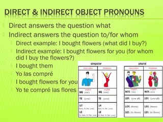  Direct answers the question what
 Indirect answers the question to/for whom
 Direct example: I bought flowers (what did I buy?)
 Indirect example: I bought flowers for you (for whom
did I buy the flowers?)
 I bought them
 Yo las compré
 I bought flowers for you
 Yo te compré las flores
 