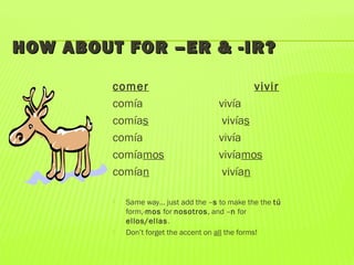 HOW ABOUT FOR –ER & -IR?HOW ABOUT FOR –ER & -IR?
comer vivir
comía vivía
comías vivías
comía vivía
comíamos vivíamos
comían vivían
 Same way… just add the –s to make the the tú
form,-mos for nosotros, and –n for
ellos/ellas.
 Don’t forget the accent on all the forms!
 
