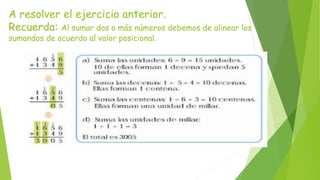 A resolver el ejercicio anterior.
Recuerda: Al sumar dos o más números debemos de alinear los
sumandos de acuerdo al valor posicional.
 
