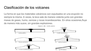 Clasificación de los volcanes
La forma en que los materiales volcánicos son expulsados en una erupción no
siempre la misma. A veces, la lava sale de manera violenta junto con grandes
masas de gases, humo, cenizas y rocas incandescentes. En otras ocasiones,fluye
de manera más suave, sin grandes explosiones.
 
