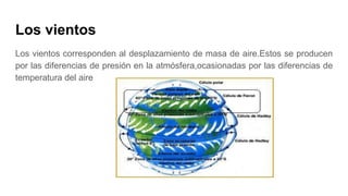 Los vientos
Los vientos corresponden al desplazamiento de masa de aire.Estos se producen
por las diferencias de presión en la atmósfera,ocasionadas por las diferencias de
temperatura del aire
 
