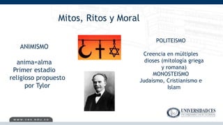 Mitos, Ritos y Moral
ANIMISMO
anima=alma
Primer estadio
religioso propuesto
por Tylor
POLITEISMO
Creencia en múltiples
dioses (mitología griega
y romana)
MONOSTEISMO
Judaísmo, Cristianismo e
Islam
 