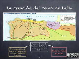 Javier Anzano Jericó
La creación del reino de León
12
Tras ocupación del
Duero, se repuebla la
zona con cántabros
y satures
Para controlar el
territorio Ordoño II
traslada la corte a
León
Nace al reino
de León
 