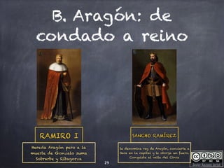 Javier Anzano Jericó
B. Aragón: de
condado a reino
19
Hereda Aragón pero a la
muerte de Gonzalo suma
Sobrarbe y Ribagorza
RAMIRO I SANCHO RAMÍREZ
Se denomina rey de Aragón, convierte a
Jaca en la capital y le otorga un fuero.
Conquista el valle del Cinca
 